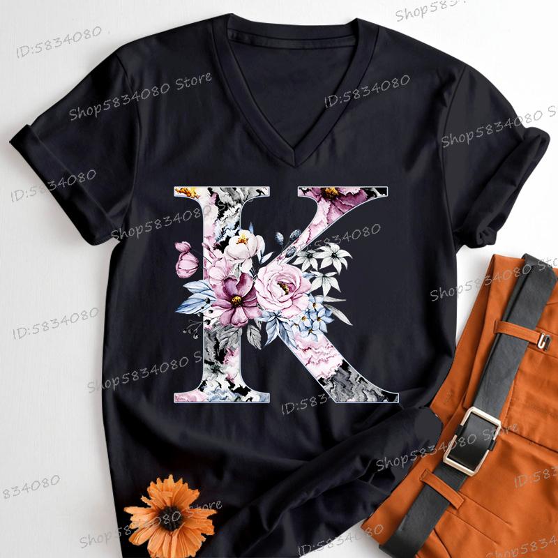 Womens Clothing AZ 26 Alphabet Flower Vintage Design Tshirts Retro Birthday Gift for Women Floral Letters A B C D Classic Top