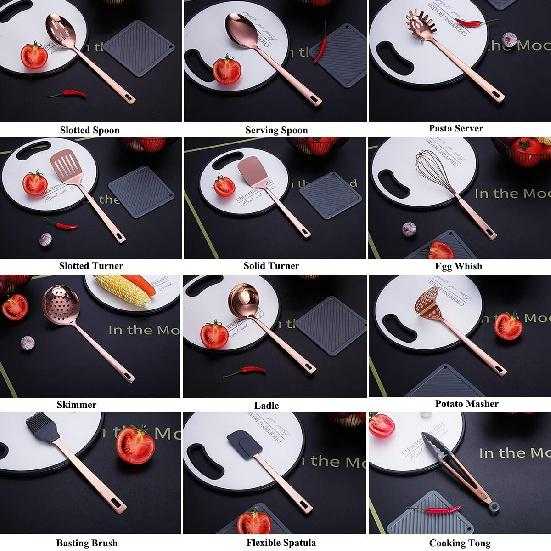 Copper Kitchen Utensils Set,13 Pieces Stainless Steel Cooking Utensils Set With Titanium Rose Gold Plating,Kitchen Tools Set With Utensil Holder For