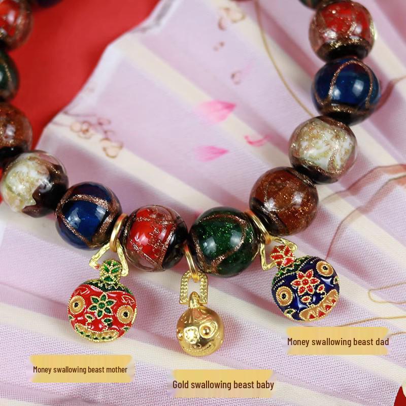 Multicolored Incense Ash Glazed Handcrafted Beaded Bracelet with Swallowing Gold Beast Design for Five-Color Benming Year