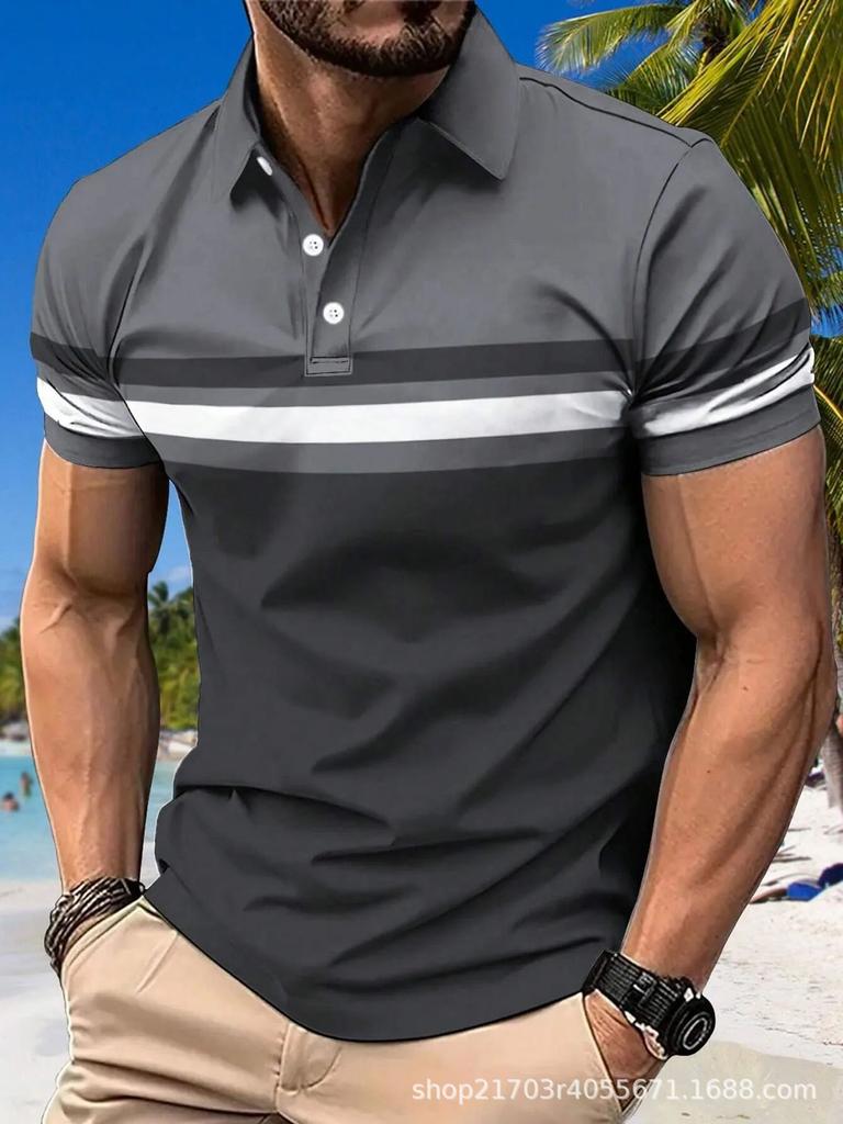 Men's Short-sleeve Striped Polo Shirt, Stylish for Casual Daily Wear.
