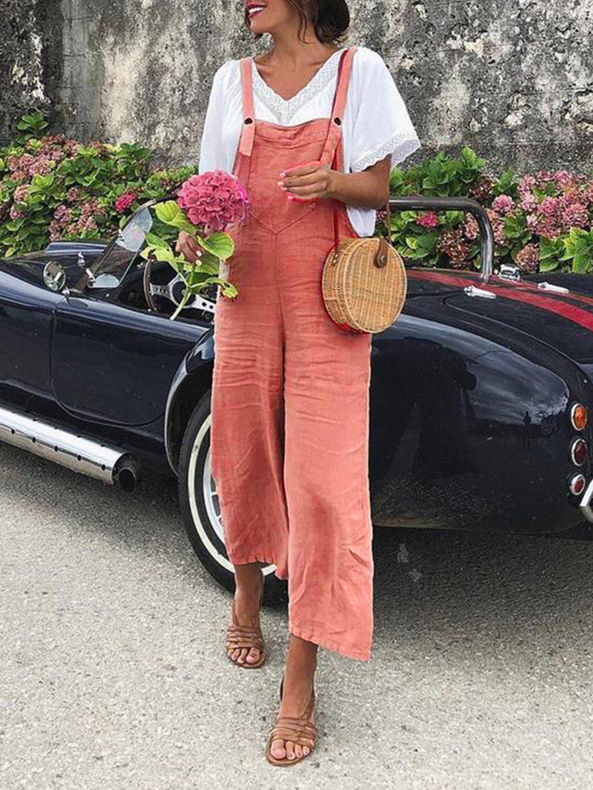 

Women s Casual Summer Cotton Linen Loose Straight-Leg Overalls in Solid Colors S розовый