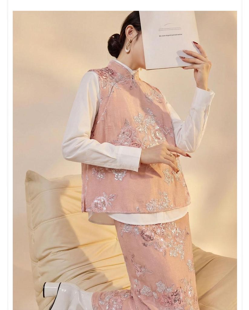 Elegantes chinesisches Retro-Westen- und Rock-Set mit Knöpfen und Jacquard P0124