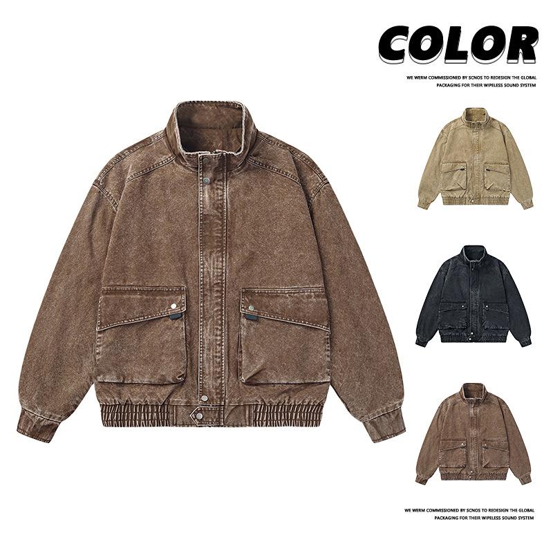 Men Spring Autumn Casual Washed Jacket Outerwear Large Size Stand Collar Workwear Coat Male Retro Clothing