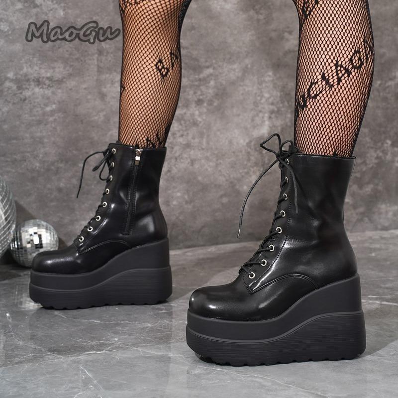 Fashion Height Increasing Boots for Women Autumn 2025 New High Heels British Style Platform Short Boots Black Side Zip Women's Punk Shoe