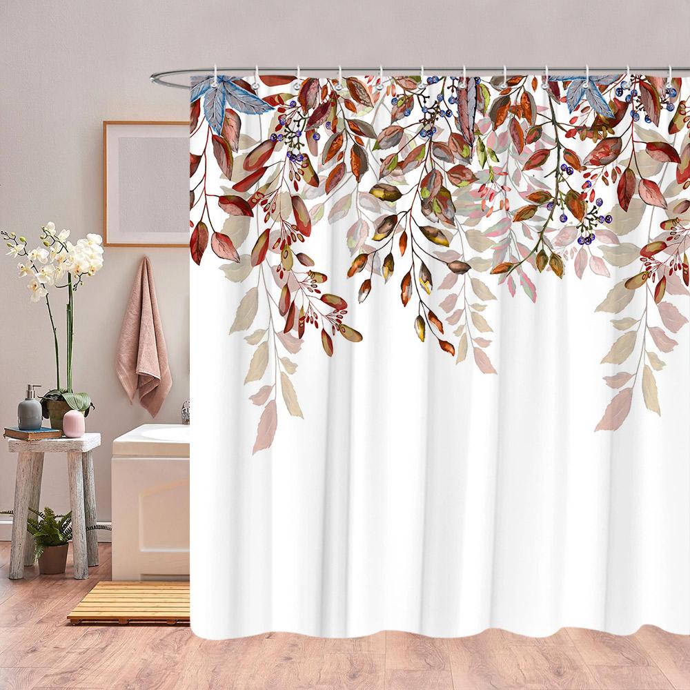 Autumn Eucalyptus Leaves Watercolour Shower Curtain Sagging Yellow Leaves Thanksgiving Gift Fabric Shower Curtain Bathroom Decor