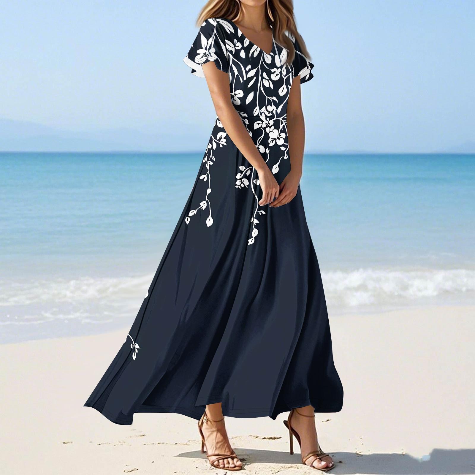 

Жіночі повсякденні модні принтовані довгі сукні сукні з V-подібним вирізом та короткими рукавами L Темно-синій