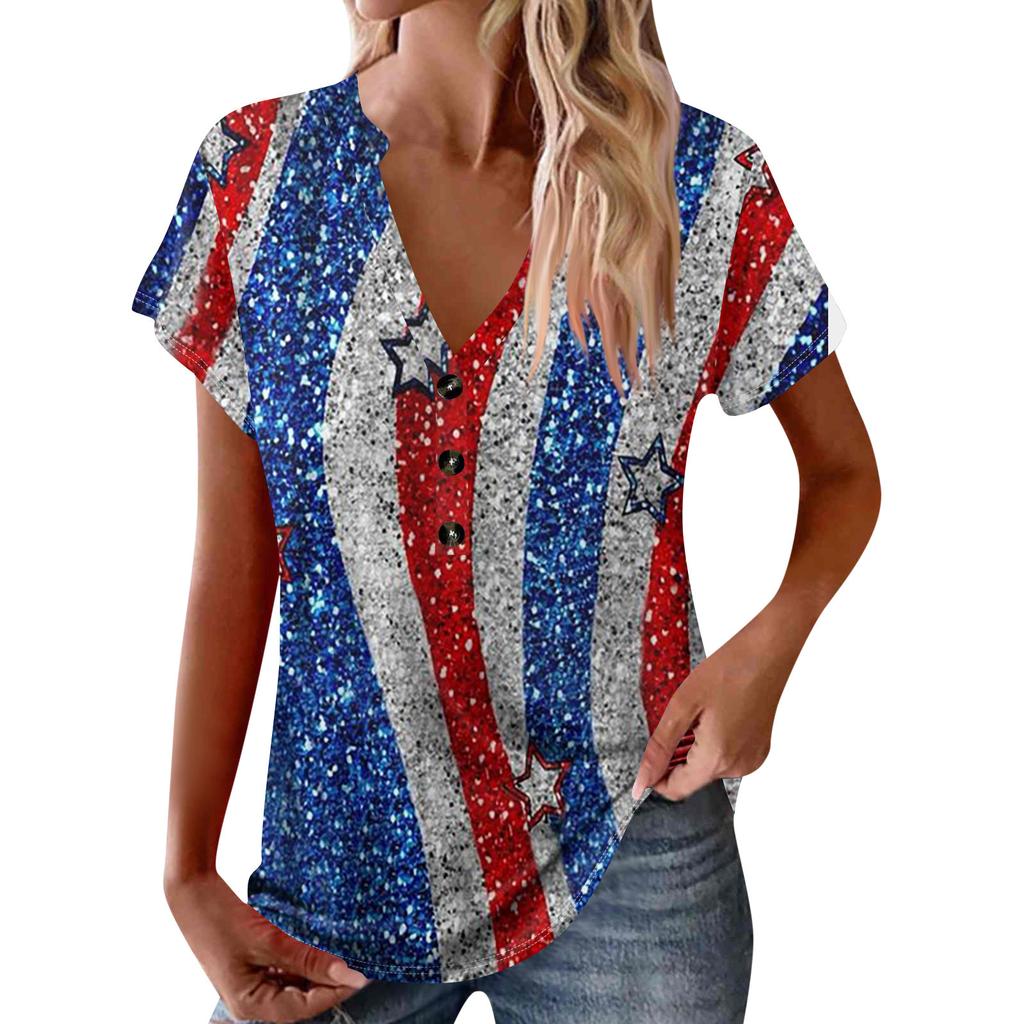Women's New Button V Neck Fashion Print Short Sleeve Vintage Print T-Shirt Tops Casual Tops Loose T-Shirt Pullover Casual Loose Print Tops