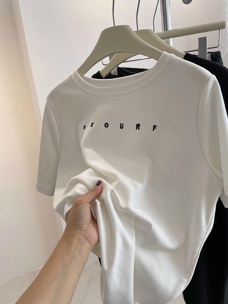 Women's Trendy Short-Sleeve Embroidered T-Shirt - Brushed, Slim Fit, Solid Color Round Neck Tee for Autumn