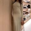 Women's Crew Neck Long Sleeve Maxi Dress Slim Fit High Waist Solid Ruched Bodycon Club Dress