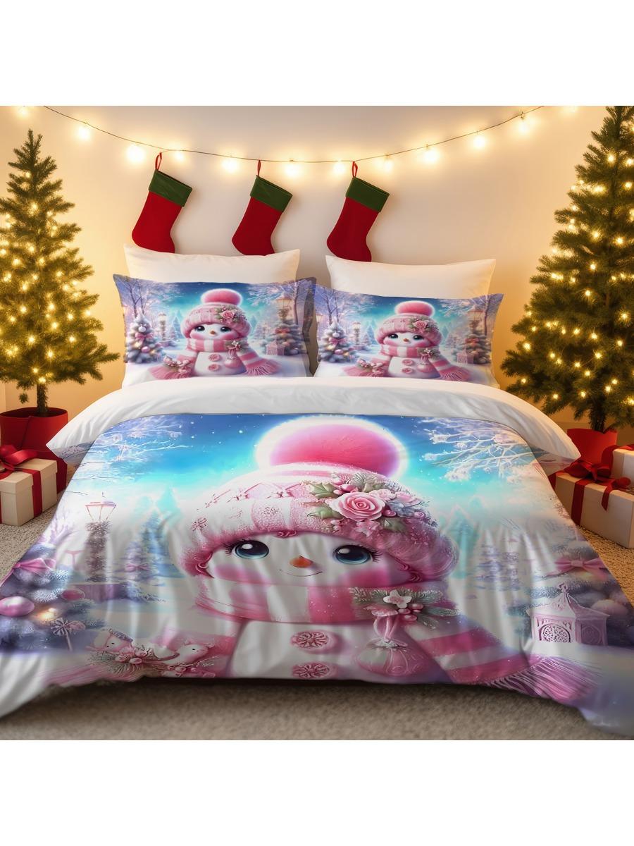 

3 предмета Розовый Рождественский Снеговик Принт Бесчиповый Постельный Комплект, Мягкий Пододеяльник для Спальни, Общежития, Разные Размеры, Машинная Стирка 140x210cm-AU-Single&set