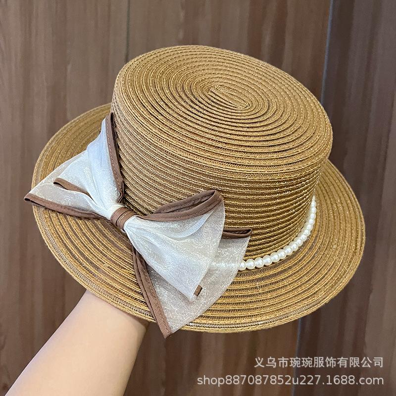 Spring and summer cute bow princess beach mesh hat women's flat edge sunshade sunscreen breathable seaside top hat