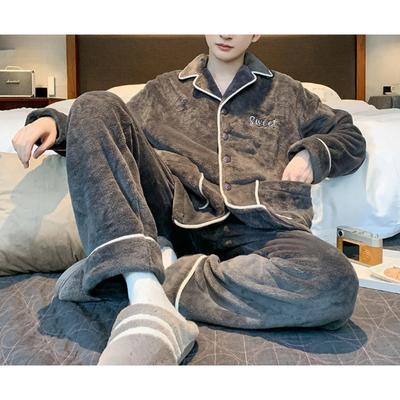 Men's Winter Thickened Flannel Pajama Sets Lapel Fluffy Coat + Long Pants Sleepwear 2 Pieces Male Soft Warm Housewear