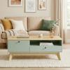 Living Room Coffee Table, Rectangular Side Table with Drawer, Door and Open Compartment, Light Green and Oak
