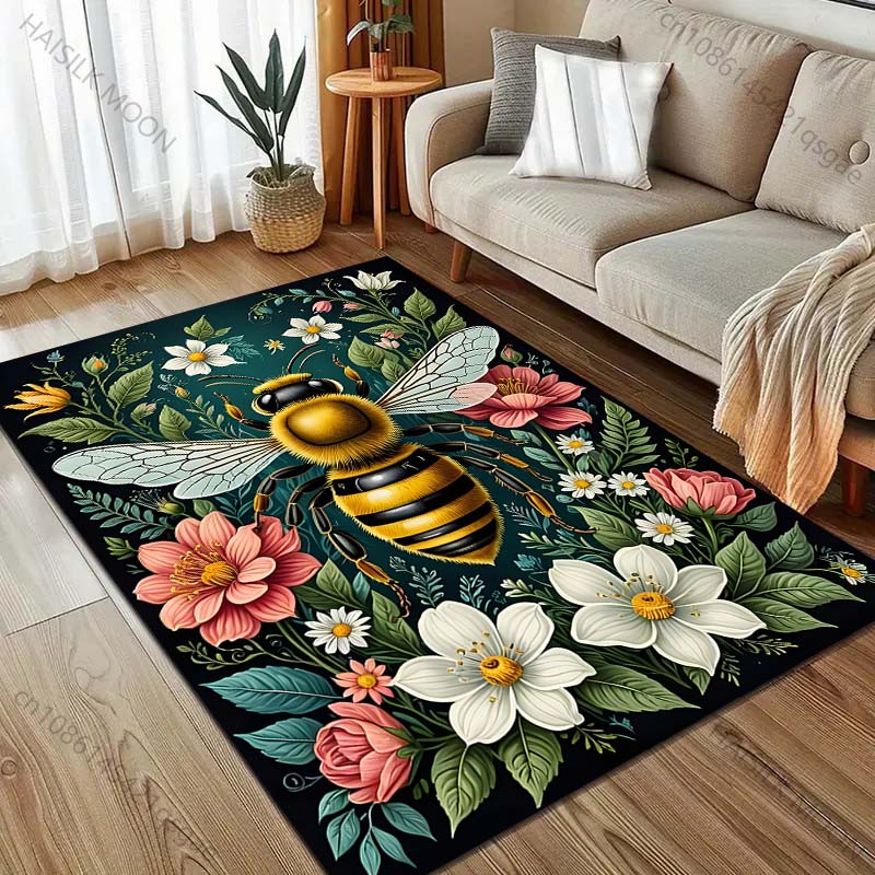 HD Bees and Flowers Print Carpet for Living Room Bedroom Bedside Sofa Table Floor Mat Home Area Rug Decoration Gifts