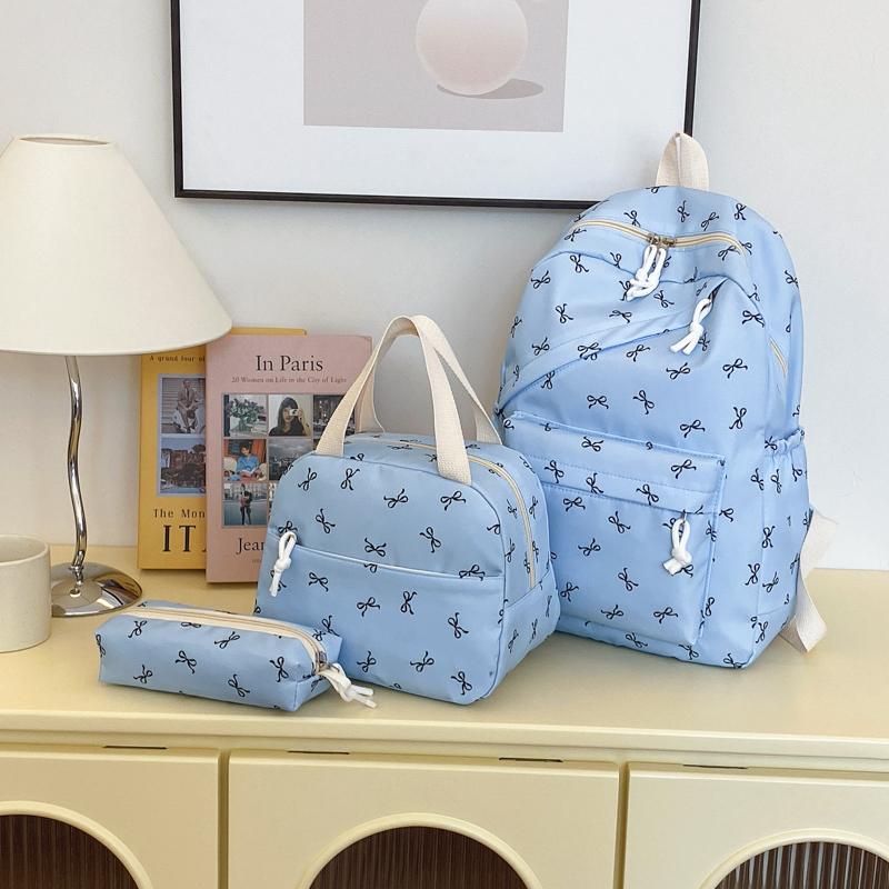 Chic Bow Accent Backpack Set 3Pcs Handbag&Pencil Bag Contrast Stitching Multi Pocket Women's Coordinated Set for Campus Commute