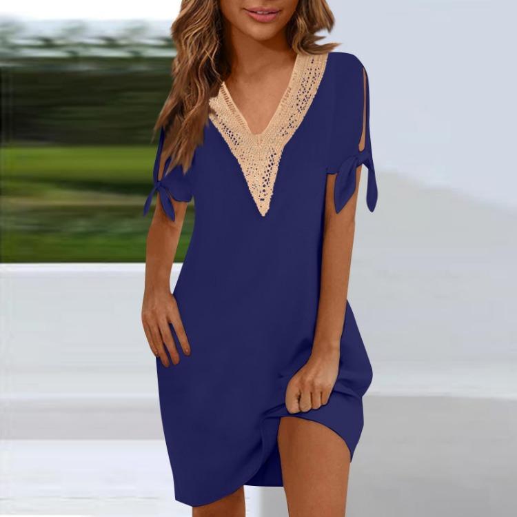 New Fashion Women Lace Dress V Neck Cuff Tie Solid Color Collar S