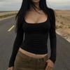 American vintage Simple Square Collar Long sleeve Bottoming Shirt Top 2025 Autumn New Gyaru Slim fit Slimming Short t-shirt