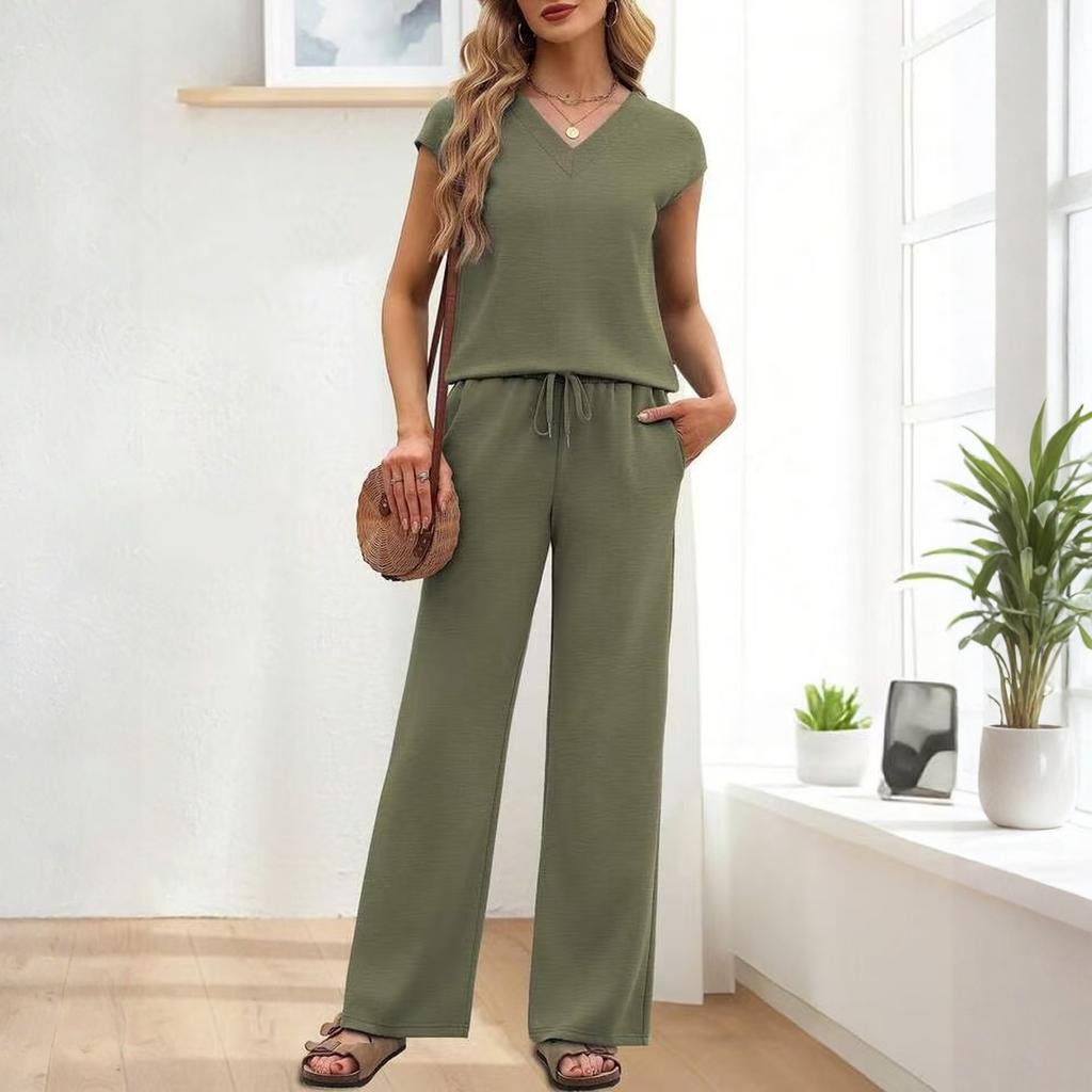 Fashionable Women's Loose V-neck Short Sleeved Top, Loose Casual Wide Leg Pants Set