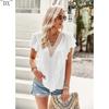 DX~~Short Sleeved Shirt Women's Summer Style Commuting V-neck Ruffle Top
