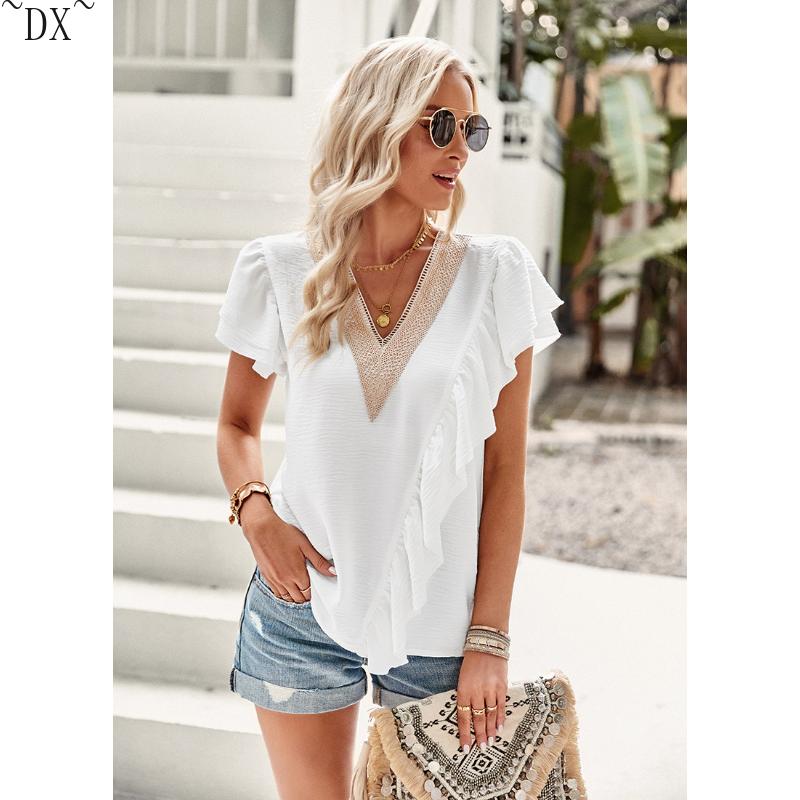 DX~~Short Sleeved Shirt Women's Summer Style Commuting V-neck Ruffle Top