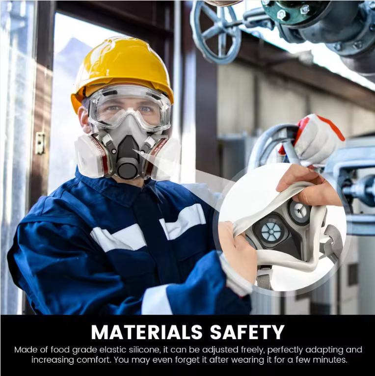 Andningsmask Halvmask Gasmask med Skyddsglasögon Återanvändbart Professionellt Andningsskydd Mot Damm Kemikalier