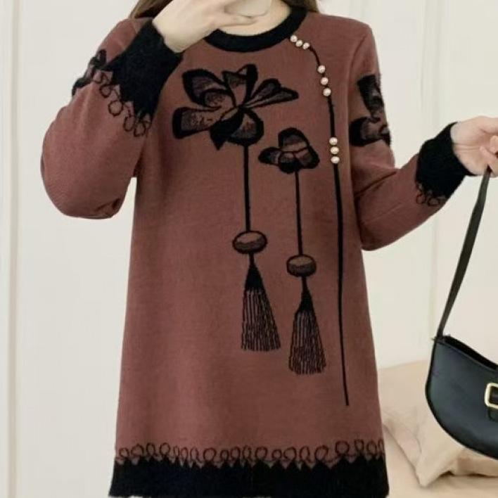 Stylish Floral Knitted Sweater for Middle-Aged & Elderly Women - Perfect for Spring & Autumn