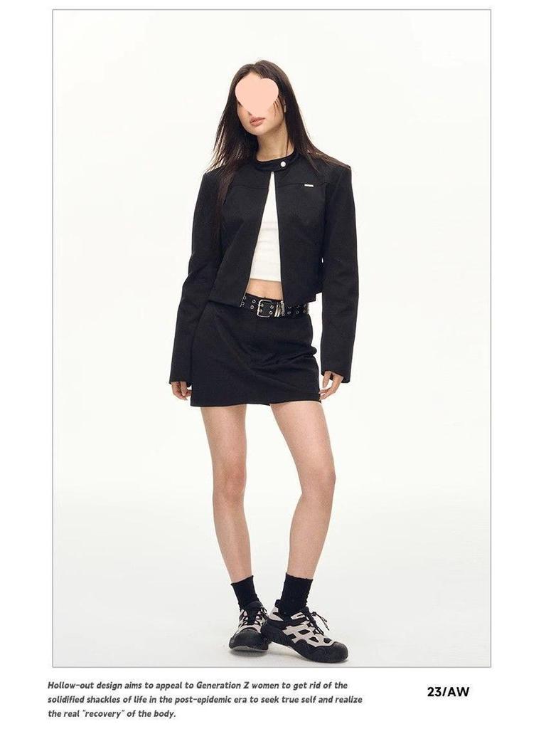 Amerikanische Retro Cool Hot Girl Schwarze Stehkragen Schlankmachende Frühlingsjacke für Damen