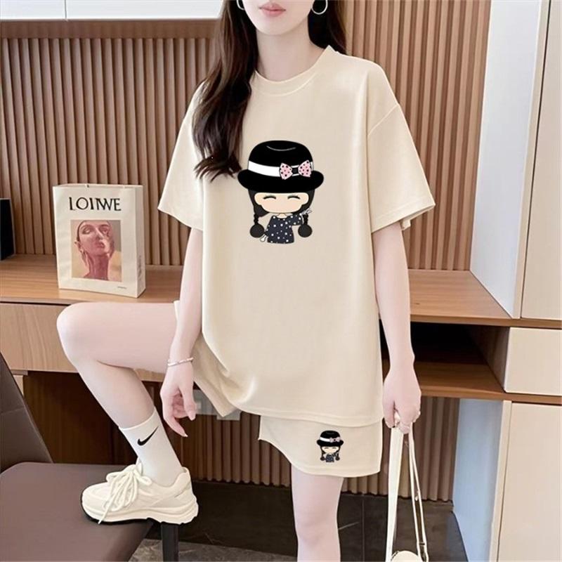 

Women Cartoon Print 2-Piece Set Casual Short Sleeve T-Shirt & Shorts Summer Loungewear 4XL абрикосовый