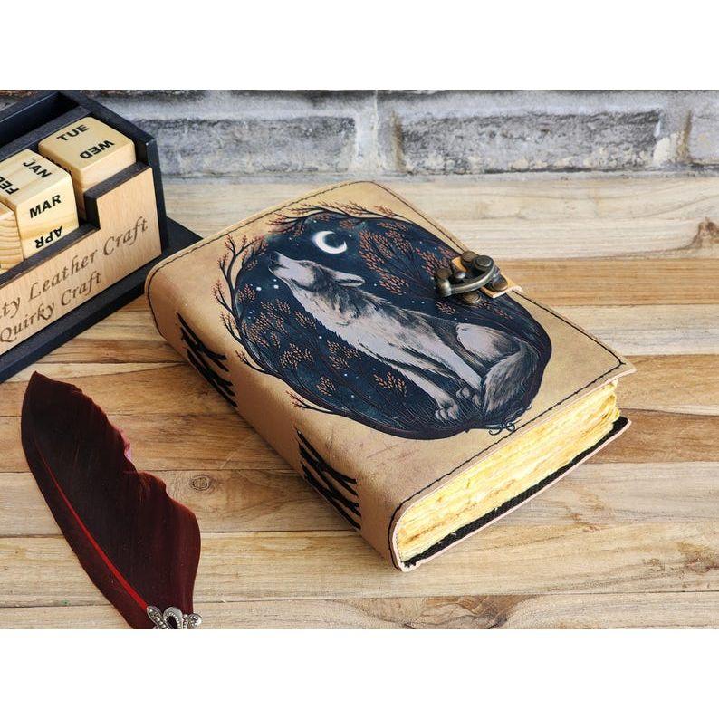 Trible Wolf Leather Printed Notebook ! Grimoire Journal Travel Notebook ! Spell Notebook Gift for Him Book Of Shadows ! Recipe Notebook