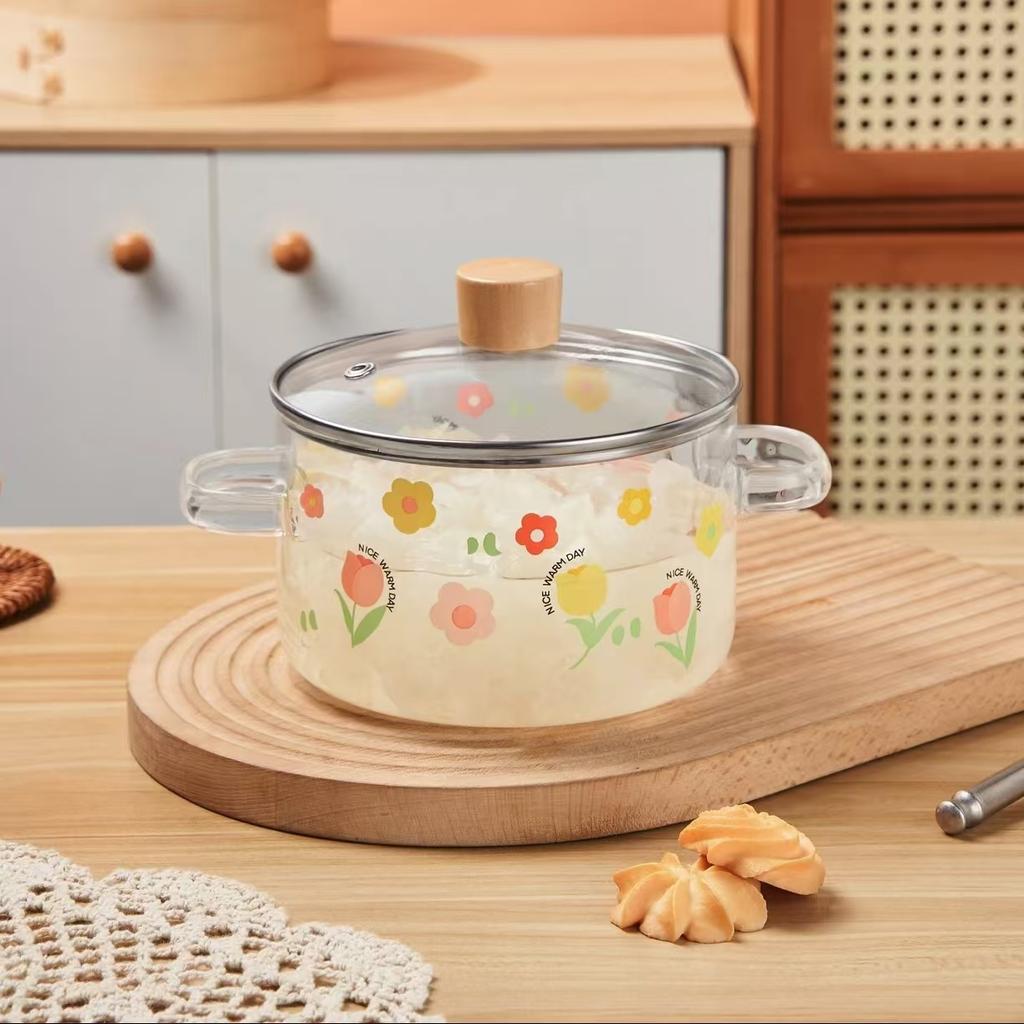 1.6L High Borosilicate Glass Pot, Clear Vertical Striped Cooking Pot, Double Handle Stovetop Pot for Soup Noodle Stew, Microwave & Cooker Safe