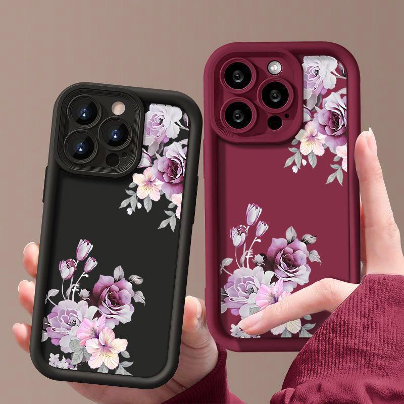 Fashion Floral Pattern Phone Case For iPhone 16 Pro Max 15 Pro 14 Plus 13 12 11 XS 8 7 Lens Protection Soft Shockproof TPU Matte Back Cover