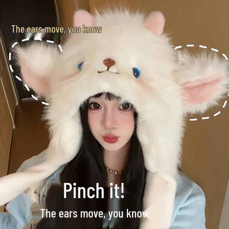 Lamb Plush Women’s Winter Hat with Moving Cartoon Ears – Warm & Cute Ear Protection