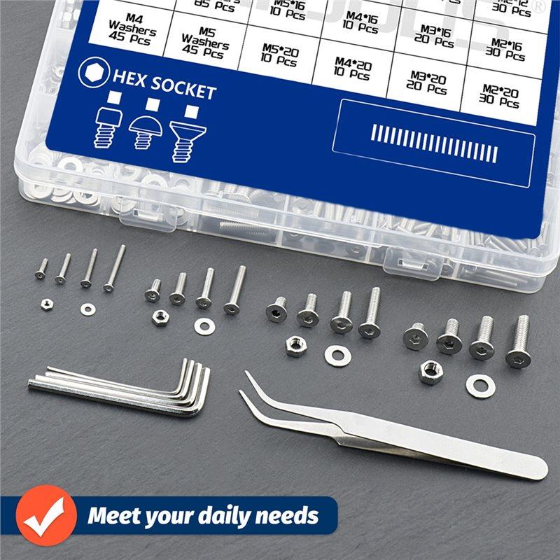 A25F-M2 M3 M5 880Pcs Stainless Steel 304 Hex Socket Flat Head Screws Countersunk Bolts Set With Storage Box Assortment Kit