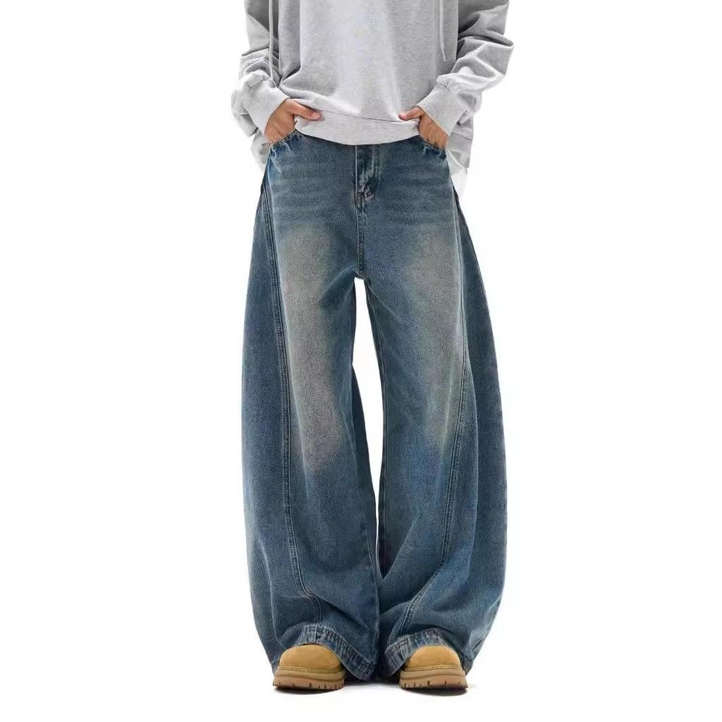 Men's Retro Patchwork Scimitar Jeans: Loose, Oversized, Deconstructed Wide-Leg Pants