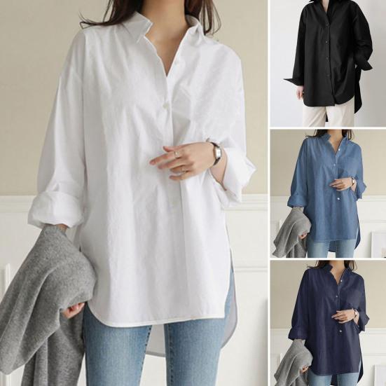 

Однобортная женская рубашка с отложным воротником, однобортная женская рубашка с длинным рукавом, свободная рубашка с высоким и низким подолом, свободная рубашка с боковым разрезом, женская одежда
