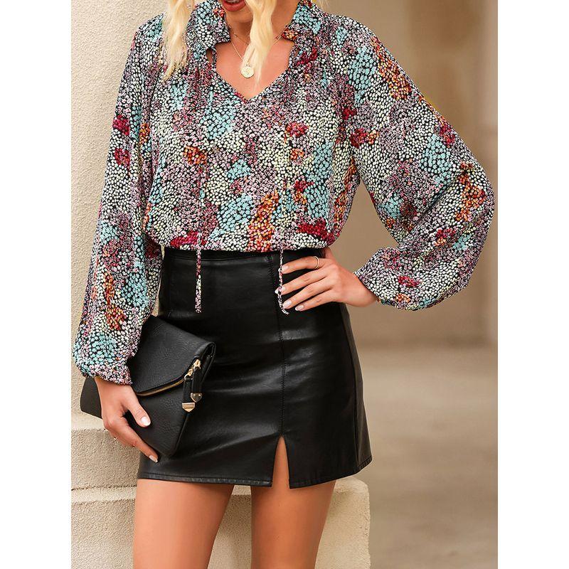 American Acelitt Thin Floral Print Long Sleeve Pullover Shirts Women Summer Loose Casual V-neck Top Women