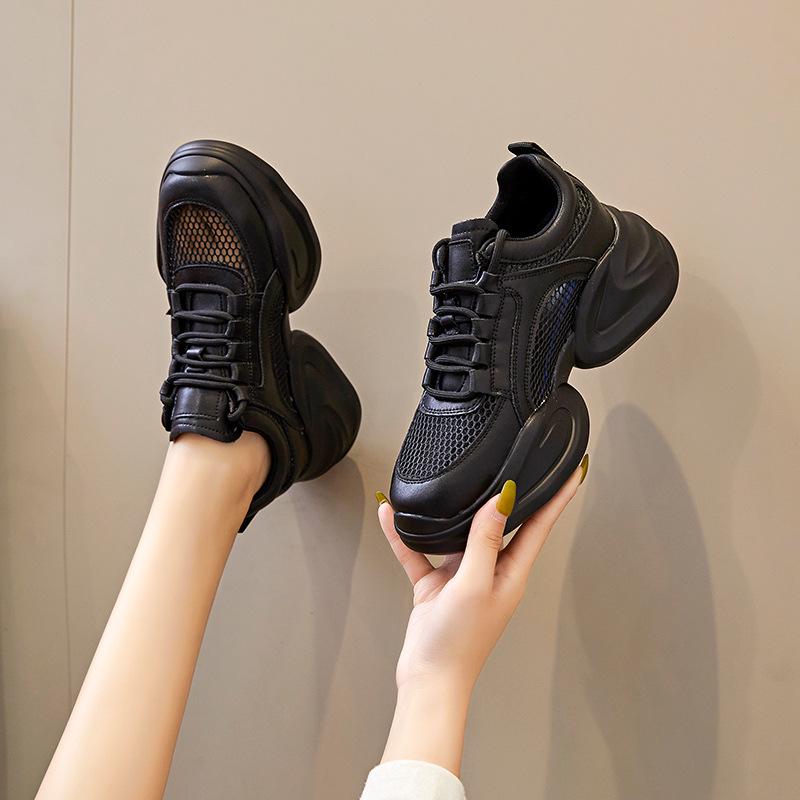 Women's 2024 Summer White Mesh & Leather Height-Enhancing Casual Shoes with Thick Sole.