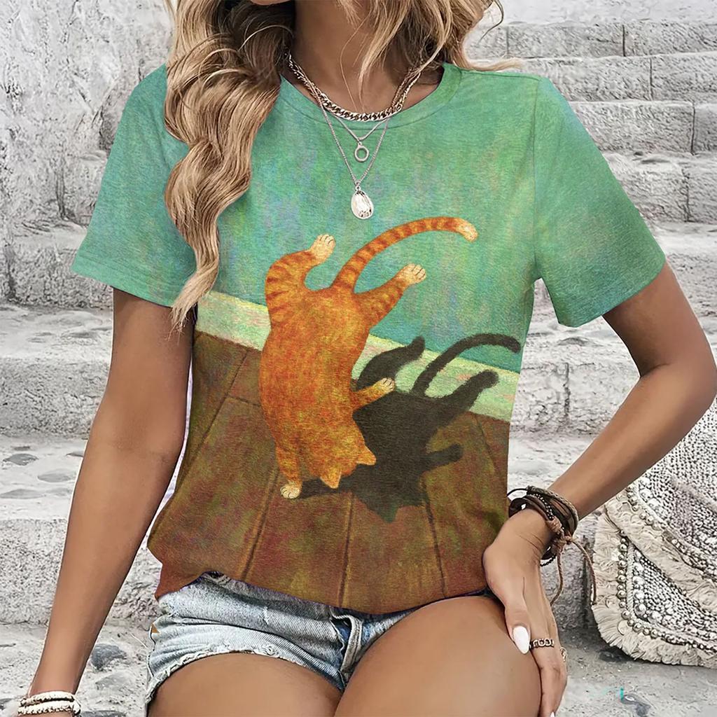 Summer Round Neck Cartoon Animal Pattern 3D Print Top Fashionable Casual Short Sleeved Women's T-shirts