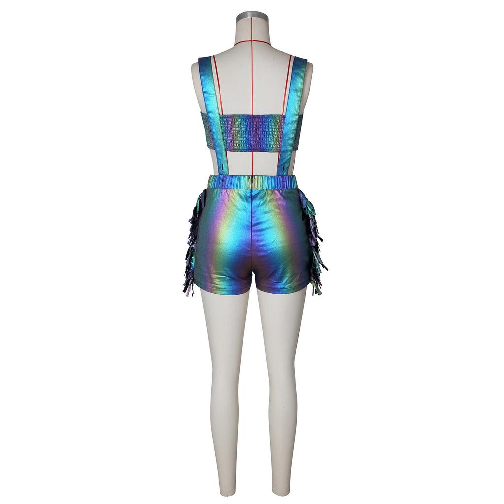 European and American Women’s Metallic Bandeau Fringe Suspender Shorts Set