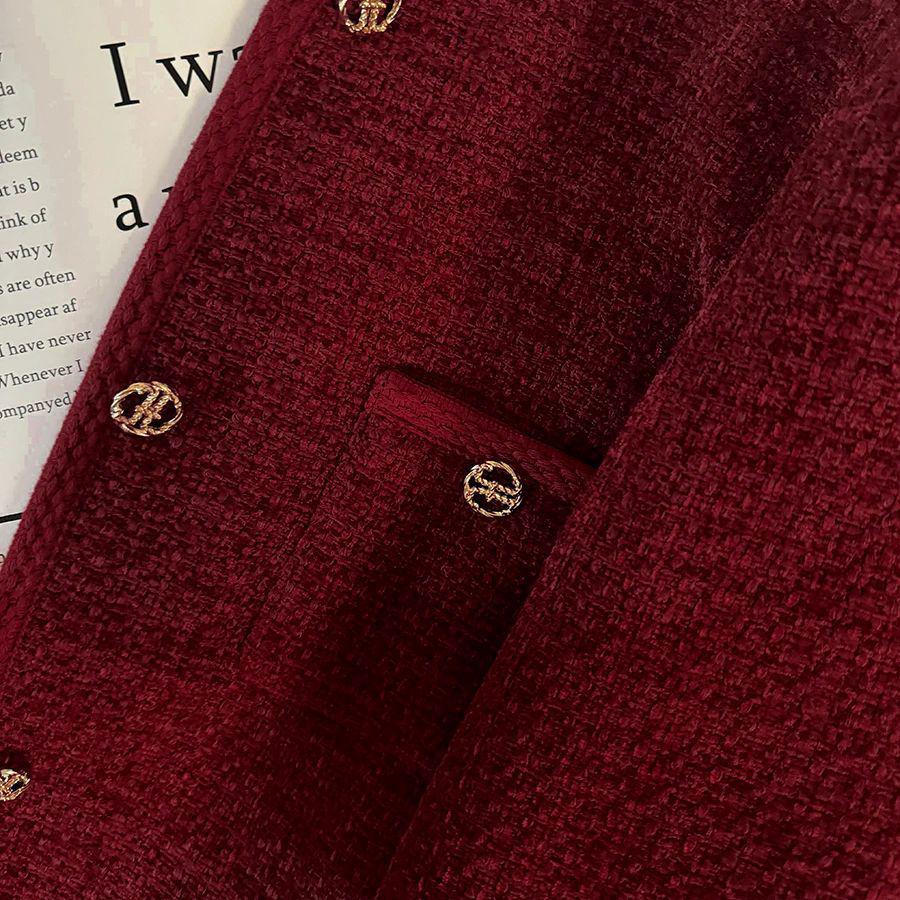 Elegant Black Tweed Round Neck Jacket - Autumn/Winter French Style