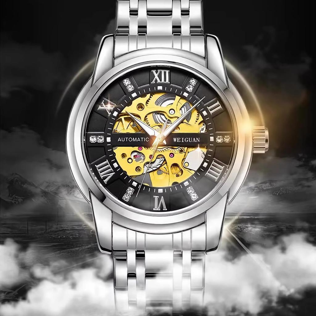 TeamSky Mechanical Automatic Mechanical Roman Stainless Large Day Gift Black Watch, Men's Watch, Steel, Waterproof, Hand-wound Watch, Numerals, Steel,