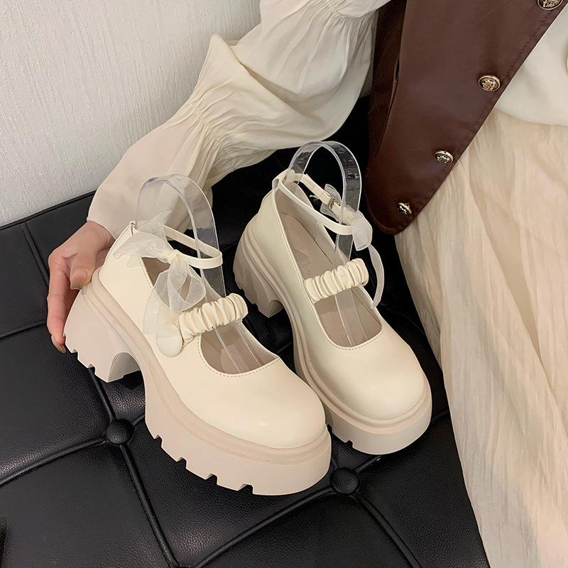 

Platform French Mary Jane Small Leather Shoes Female Summer British Style Versatile Fairy Princess Shoes with Skirt Light Mouth Single Shoes 40 бежевый