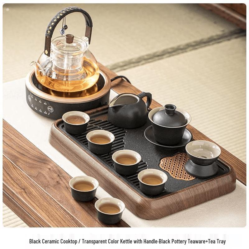 Black Electric Tea Stove with Glass Kettle & Ceramic Tea Set