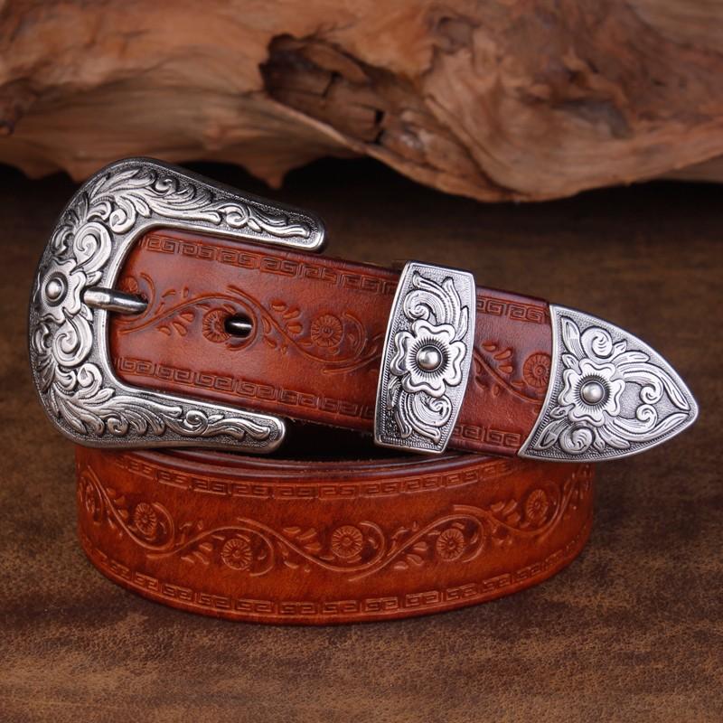 Hochwertiger Court-Style Geprägter Western Cowboy Stahl Schnalle Gürtel Echtes Leder Designer Herren Gürtel Punk Jeans Gürtel für Männer