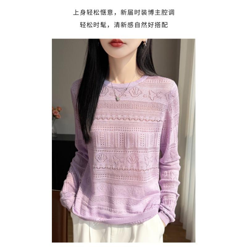 Women S Loose Long Sleeve Round Neck Cutout Knit Sweater Base Layer
