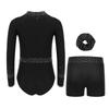 Girls Gymnastics Dance Set Long Sleeve Shiny Cutout Front Back Zipper Leotard Rhinestones Shorts Headwear