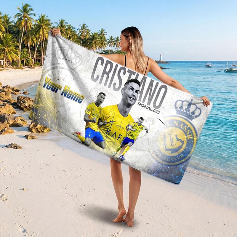 Cristiano Ronaldo Custom Beach Towel, Personalized Name Text Print, Football Logo Soft Quick‑Dry Towel Holiday Gift