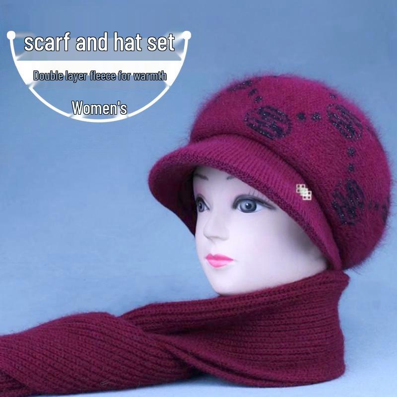 Elegant Winter Woolen Hat & Scarf Set for Women: Warm, Thick Knit with Ear Protection, Perfect for Middle-Aged & Elderly Ladies.