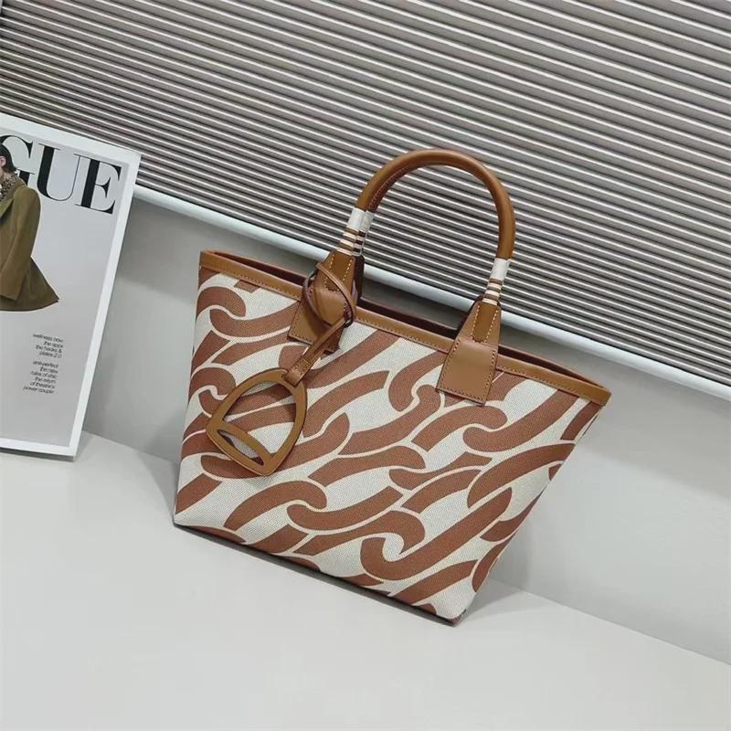 2024 High-End Women's Canvas & Leather Tote: Versatile, Large-Capacity, Handheld or Shoulder Bag