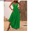 MODIQUE 2025 Summer New Ladies Elegant Sexy Deep V-Neck Backless Solid Green Pleated Slip Long Dress Women's Casual A-Line Dress